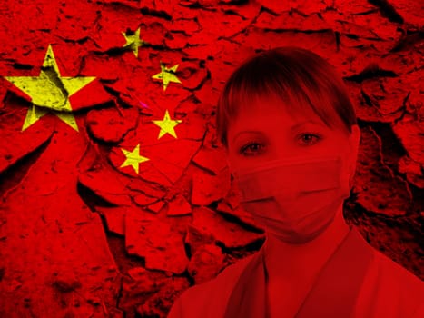 Female doctor with medical mask on China flag background. Concept of corona virus.