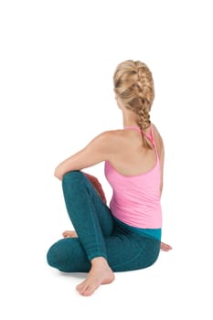 Image series: Full body view of a blonde woman in yoga twist position Ardha Matsyendrasana on white background.