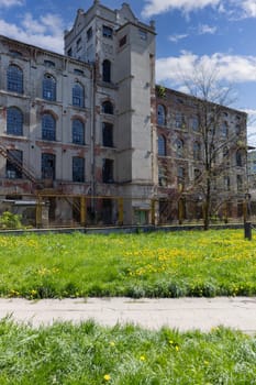 Lodz, Poland - May 4, 2023: Jarocinski Factory, ruins of 19th century textile industry, located in Targowa street
