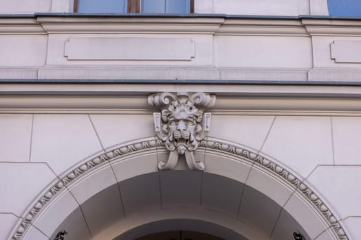 Lodz, Poland - May 4, 2023: Decorative facade of tenement house, located at Piotrkowska street, the most famous place in town