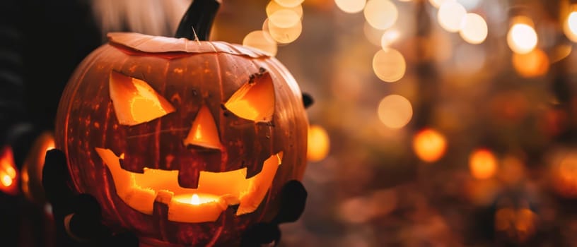 A carved pumpkin with a mischievous grin emits a warm glow amid a wooded area decorated with glowing lights, creating a cozy Halloween atmosphere.