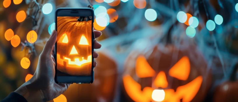 A person holds a smartphone to capture a glowing jack-o'-lantern, surrounded by colorful lights and Halloween decorations, evoking a festive atmosphere at night.