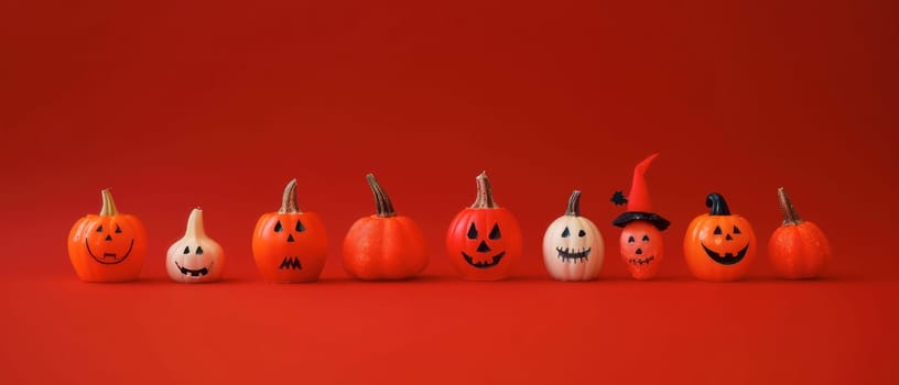 A set of creatively painted pumpkins and gourds is lined up against a vibrant red backdrop, showcasing various Halloween-themed expressions and decorations, adding a festive touch to the season.