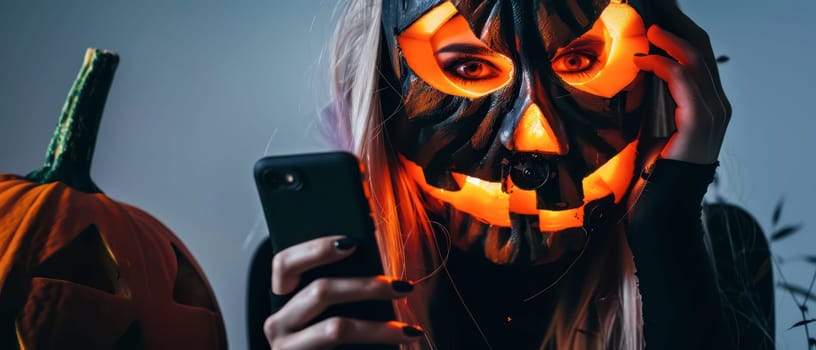 A person wears a creatively carved pumpkin mask while holding a smartphone. The atmosphere is festive, featuring pumpkins and dim lighting, enhancing the Halloween spirit.