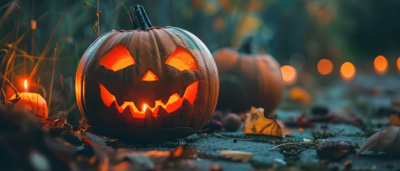 Carved pumpkins with eerie faces illuminate a misty pathway lined with fallen leaves, creating an enchanting Halloween atmosphere as night falls.