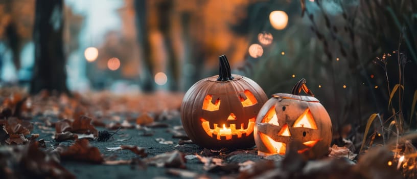 Two carved pumpkins sit on a sidewalk, illuminating the crisp autumn night. Surrounding them are fallen leaves, while streetlights cast a warm glow in the background.