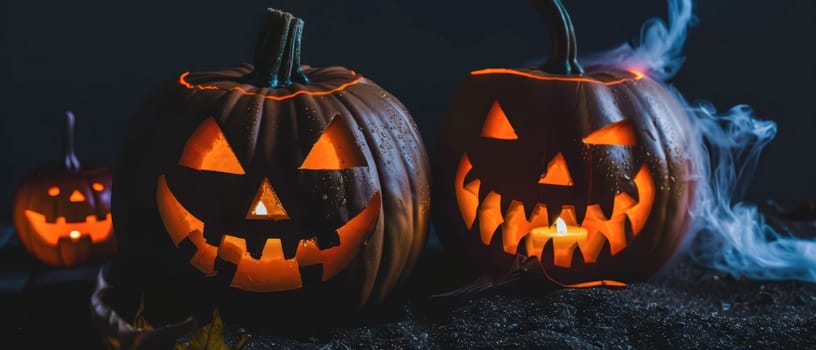 Two intricately carved pumpkins emit a warm glow in the darkness, showcasing playful and spooky facial expressions. Smoke swirls around them, enhancing the Halloween atmosphere.