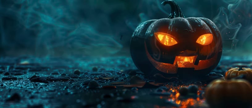 A carved pumpkin with glowing eyes and mouth sits on a wet ground surrounded by smaller pumpkins, creating an eerie atmosphere on a misty Halloween night.