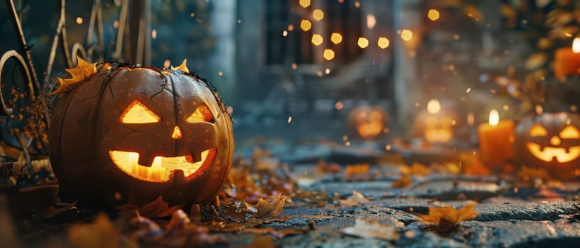 A collection of glowing jack-o'-lanterns rests among colorful autumn leaves in a dimly lit outdoor space, capturing the essence of Halloween festivities during the fall season.