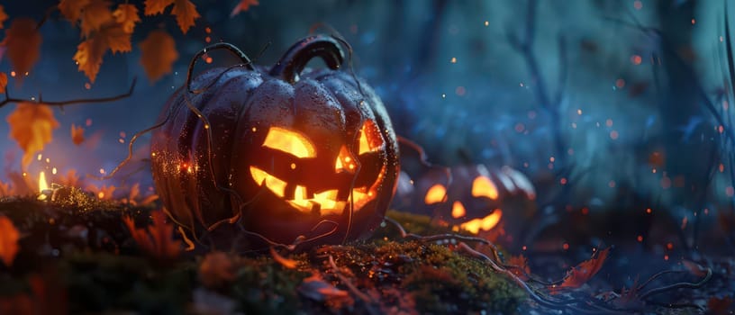 Two carved pumpkins illuminate a misty forest, surrounded by autumn leaves. The eerie glow adds a festive atmosphere to the spooky Halloween setting, highlighting nature's beauty.