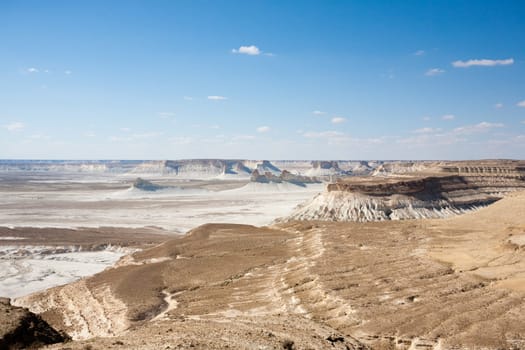 Bozzhira valley aerial view, Mangystau region, Kazakhstan. Beautiful central asia landmark