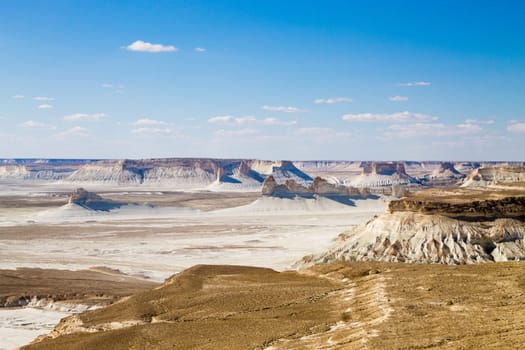 Bozzhira valley aerial view, Mangystau region, Kazakhstan. Beautiful central asia landmark