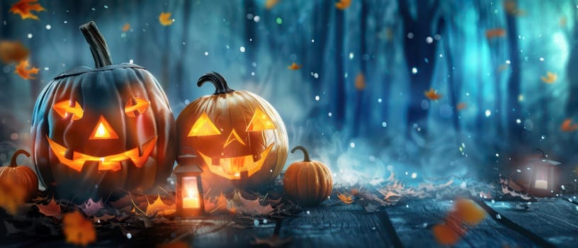 Two carved Halloween pumpkins shine with warm light in a misty forest. Surrounding them are scattered leaves, creating an enchanting autumn atmosphere at dusk.