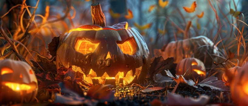 Various carved pumpkins glow with eerie lights in a mystical garden filled with autumn leaves, creating an enchanting atmosphere during the twilight hours of Halloween.