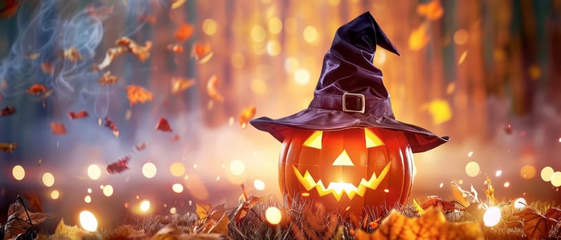 A carved pumpkin with a witch hat sits on the ground amidst fallen leaves, illuminated by an enchanting glow. The backdrop features blurred autumn trees and swirling mist.