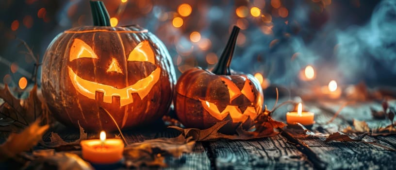 Two carved pumpkins with cheerful faces emit a warm glow, surrounded by autumn leaves and flickering candles, creating a festive Halloween atmosphere in the evening light.