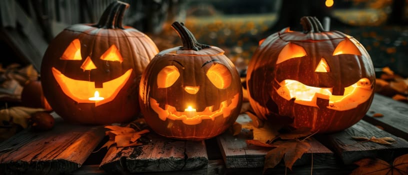 Three creatively carved pumpkins illuminate the twilight as they sit atop a rustic wooden surface, surrounded by fallen leaves, embodying the spirit of Halloween festivities.