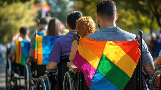 Individuals in wheelchairs take part in a pride celebration, displaying colorful flags as they embrace inclusivity and community spirit during the sunny event.
