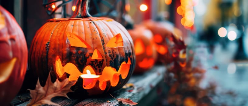 Carved pumpkins with candlelight flicker along a wooden railing, showcasing various expressions. Colorful leaves cover the ground as evening descends, creating a cheerful Halloween atmosphere.