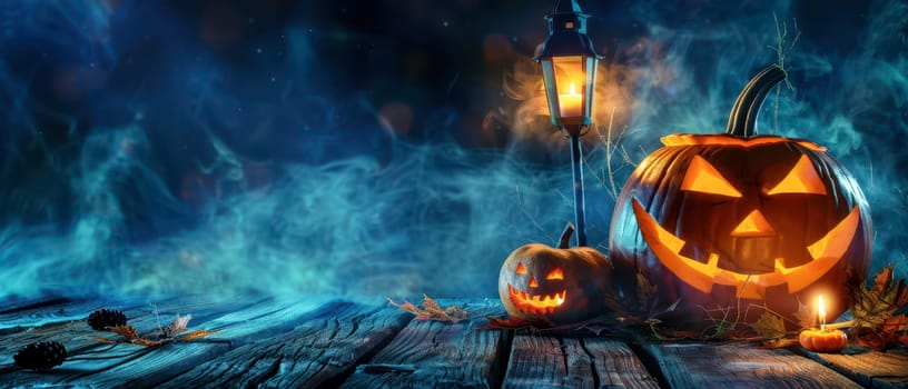 Jack-o'-lanterns glow warmly in the dark, surrounded by fog and autumn leaves. A lantern sheds light, creating a spooky atmosphere perfect for Halloween festivities.