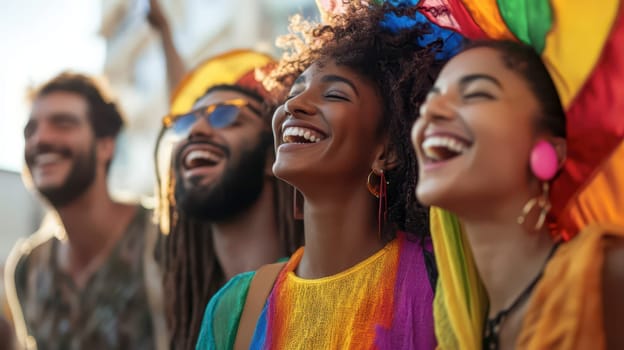 A group of friends share laughter and smiles at a colorful festival, adorned with bright clothing and accessories. The lively atmosphere captures the essence of joy and togetherness.