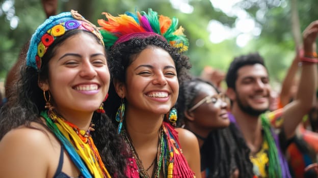 A lively group of friends enjoying a colorful festival outdoors, wearing traditional attire and accessories. They are smiling and embracing the festive atmosphere surrounded by nature.