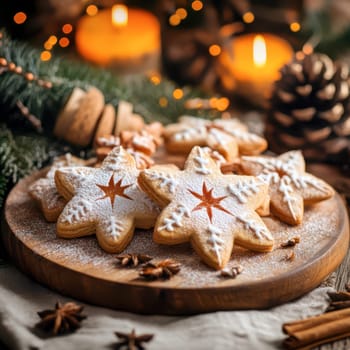 A wooden platter holds beautifully decorated star-shaped cookies dusted with powdered sugar and adorned with a star design. Warm candlelight and pine elements create a cozy holiday atmosphere.