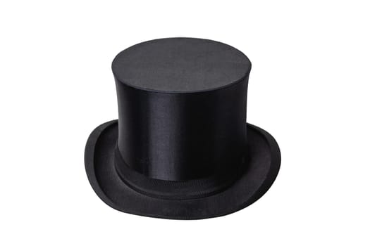 Chapeau claque. Antique black top hat. Old top hat. Folding cylinder. Cylinder hat isolated on a white background. Vintage men fashion. Clipping path.