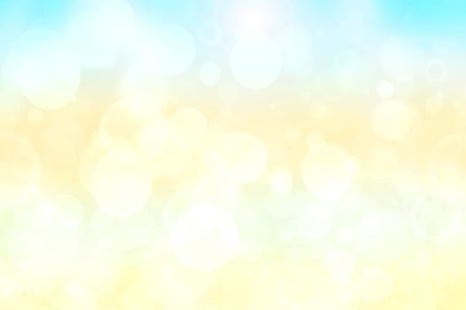 Abstract blurred fresh vivid spring summer light delicate pastel yellow blue white bokeh background texture with bright circular soft color lights. Beautiful backdrop illustration.