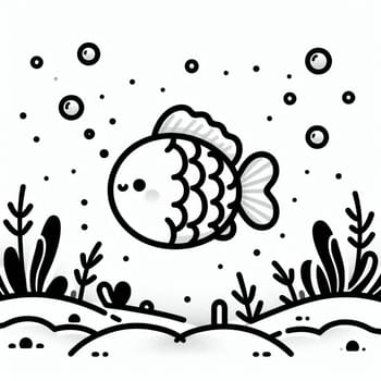 Black and white illustration of a goldfish suitable for a coloring book for children