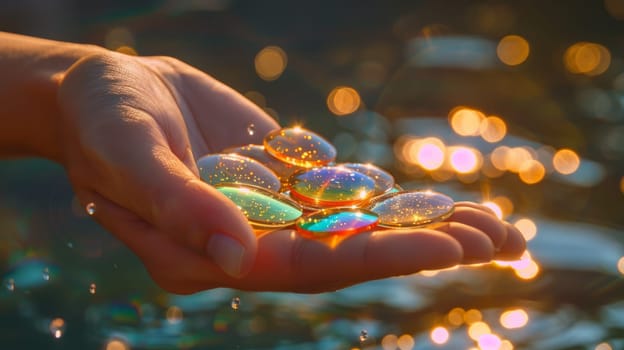A hand holding colorful shimmering stones as sunlight reflects off the water, creating a magical and serene atmosphere