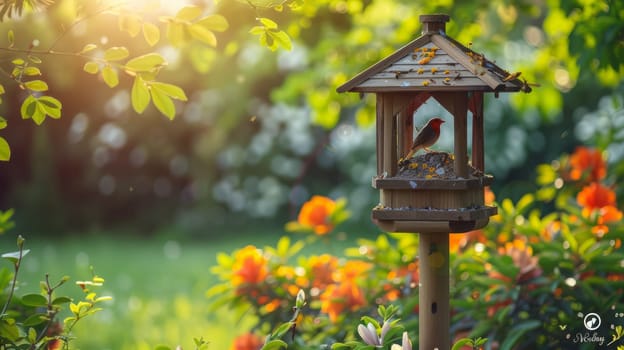 A charming wooden birdhouse stands in a living garden filled with flowers and bathed in soft morning sunlight. Flowering plants and green grass visible in the background.Copy space