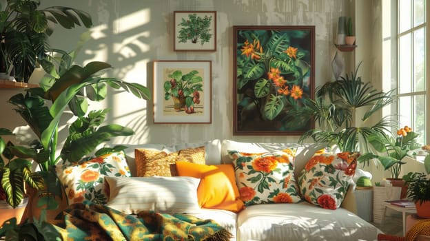 A cozy living room filled with sunlight features botanical-themed decor, including plants, floral cushions, and nature-inspired wall art, creating a vibrant and inviting space. Copy space