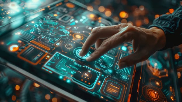 A person uses an electronic device, interacting with digital elements superimposed on the real world.