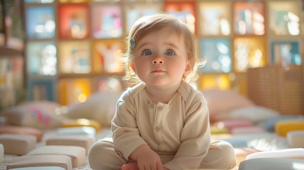 Child sitting among bright cubes on light clean floor in spacious empty bright shop with Christmas decoration