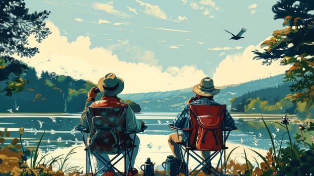 Two people sitting on folding chairs with binoculars watching birds in a national park or nature reserve. under a blue sky with fluffy clouds.