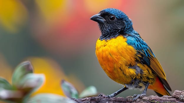 Close-up of a brightly colored bird sitting on a branch or at a feeder. The background is blurred, highlighting the details of the bird's feathers.Copy space