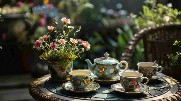 An outdoor table covered with a vintage tea set with flowers. Copy space