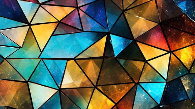 Colorful Abstract Stained Glass. A vibrant and colorful stained glass window with an abstract pattern of geometric shapes in shades of yellow, blue, and purple.