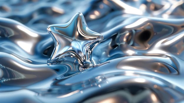 Metallic Star on Fluid Surface.A metallic star rests on a smooth, fluid-like surface, reflecting light and creating an abstract, futuristic look