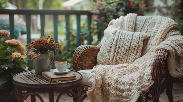 Wicker armchair with a cozy knitted beige blanket with a pillow, next to a table with a cup and a book, with a wooden railing on the veranda and a green bouquet.against the background of the garden