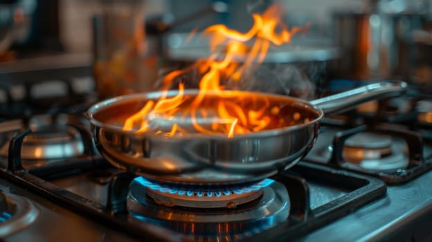 A frying pan on a gas stove with flames rising high, conveying the intensity and energy of cooking