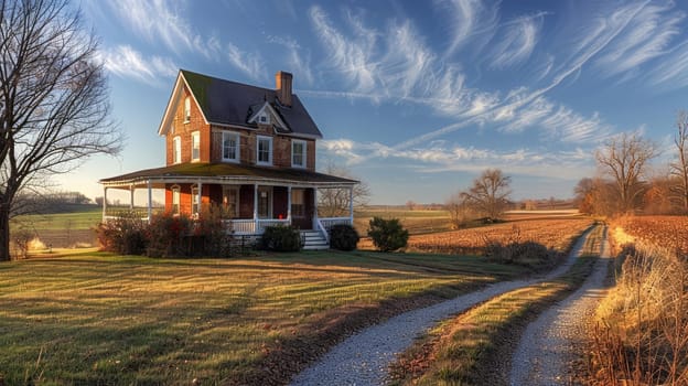 Picturesque cottage in a vast rural landscape at sunset, surrounded by open fields under a partly cloudy sky. copy space.