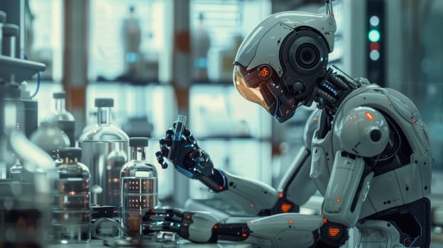 humanoid robot working in science laboratory .