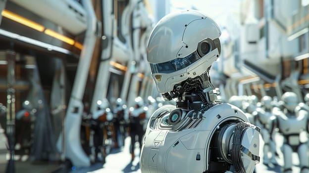 Futuristic robot stands against the backdrop of a city street with robots.