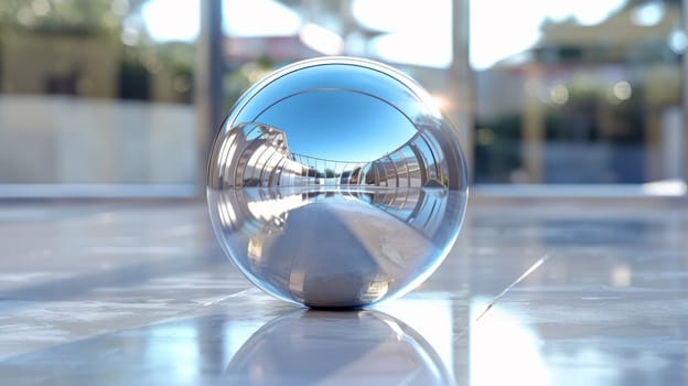 metal ball on a flat shiny surface against the blurred background of the city