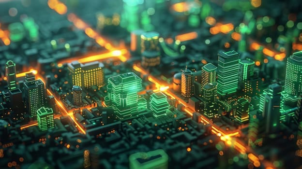 A detailed, illuminated cityscape with vibrant, glowing lights resembling a circuit board layout, showcasing a futuristic urban environment.