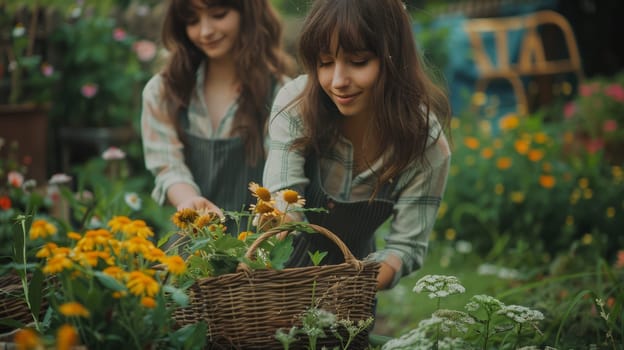 Garden scene with girls picking flowers in a wicker basket. In the background, you can see flowering plants, green grass and vintage garden furniture.