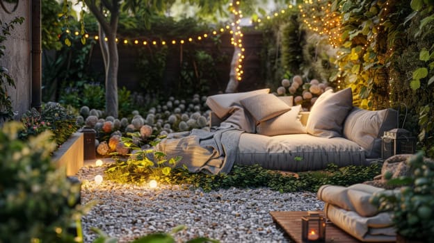 A serene outdoor seating area, decorated with garlands and soft pillows, surrounded by lush greenery and flowers, creates a tranquil environment in the garden. Copy space
