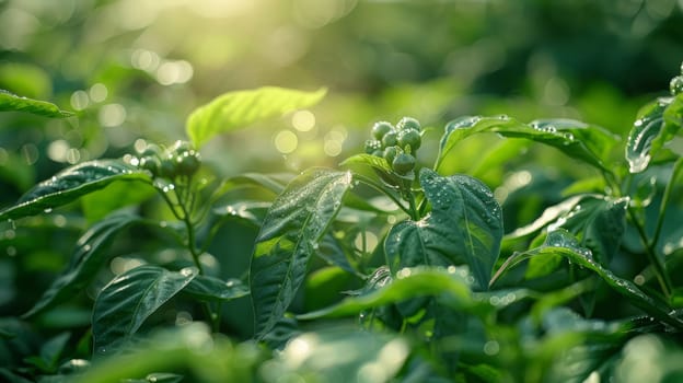 Close-up of fresh green basil plants bathed in soft morning sunlight, with dew on the leaves. Copy space